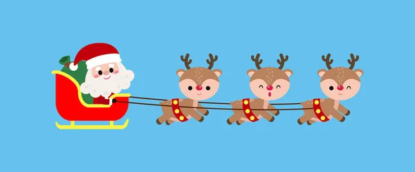 Cartoon Cute Santa Clauses Reindeer His Christmas Sled Flat Style — Stock Vector