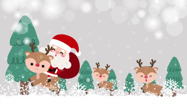 Mutlu Noeller ve yeni yıl tebrik kartı şablonu Noel Baba 'nın hediye ettiği şirin bir Noel Baba, karlı kış sahnesindeki çizgi film karakteri, arka planda izole edilmiş Xmas bayramı konsepti