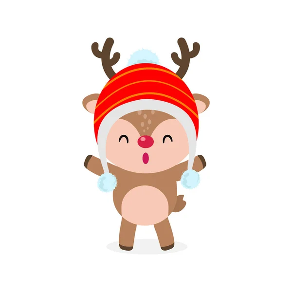 Merry Christmas Happy New Year Reindeer Wearing Christmas Hats Cheerful — Stock Vector