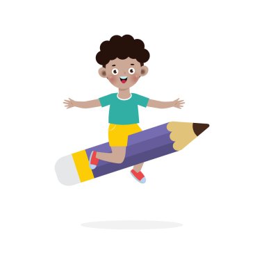 Kid Posing With Pencil Character, Back to school, cartoon Children flying on pencil, kids riding big pencil in the sky, education concept poster vector illustration isolated on background