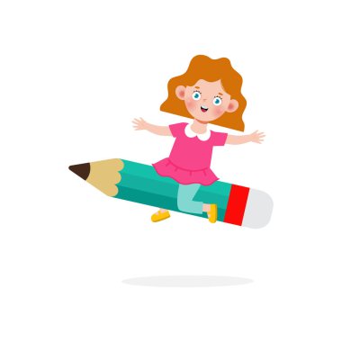 Kid Posing With Pencil Character, Back to school, cartoon Children flying on pencil, kids riding big pencil in the sky, education concept poster vector illustration isolated on background