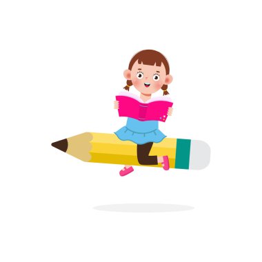Kid Posing With Pencil Character, Back to school, cartoon Children flying on pencil, kids riding big pencil in the sky, education concept poster vector illustration isolated on background