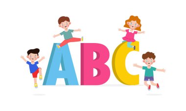 cartoon children with ABC letters, School kids with ABC, child with ABC letters isolated on white background Vector Illustration