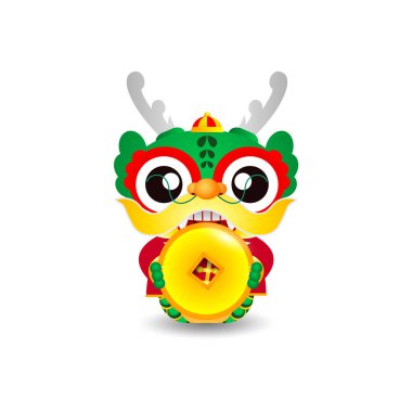 Happy Chinese new year 2024 and little dragon holding coins of gold, gong xi fa cai, the year of the dragon zodiac, Capricorn calendar, cute Cartoon isolated white background vector illustration