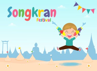 Mutlu Songkran Festivali, Tayland Yeni Yılı, Songkran Festivali 'nde çocuklar su sıçratmayı, Tayland Geleneksel Yeni Yıl Vektör İlülasyonu Tayland seyahat konseptini sever. Çeviri Songkran