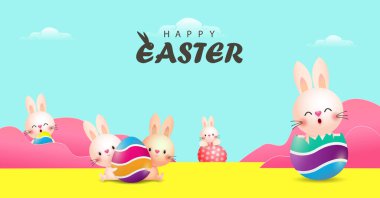 Mutlu Paskalya Günü posteri. Tebrik kartı olan küçük Tavşan Tavşan çizgi film tasarımı. Paskalya Yumurtası Festivali poster afişi izole edilmiş vektör resimleme şablonu