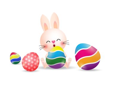 Mutlu Paskalya Tavşanı, boyalı yumurta ve beyaz arkaplan vektör çiziminde izole edilmiş afiş şablonu.