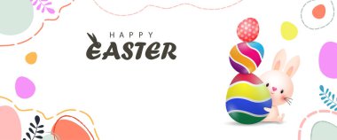 Mutlu Paskalya Günü posteri. Tebrik kartı olan küçük Tavşan Tavşan çizgi film tasarımı. Paskalya Yumurtası Festivali poster afişi izole edilmiş vektör resimleme şablonu