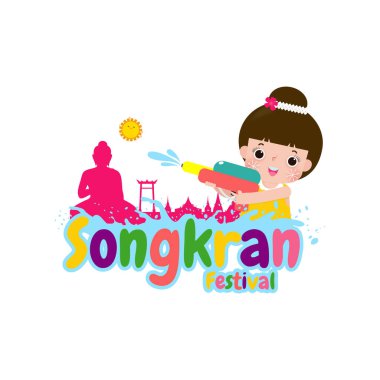 Mutlu Songkran Festivali Tayland Yeni Yılı, Songkran 'da çocuklar su sıçratmayı sever, çocuklar ve su tabancası, geleneksel Yeni Yıl Vektör İlülasyonu Tayland seyahat şablonu. Çeviri Songkran