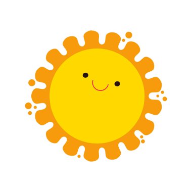 Sevimli çizgi film karakteri yaz ikonu düz tasarım, gülümseyen güneş sarı sembol, güneş hava durumu ikonu, beyaz arkaplanda izole edilmiş güneş logosu sembolü Vektör ilülasyonu