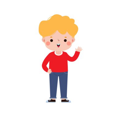 Mutlu çocuk çizgi film karakteri düz stil, tatlı küçük çocuk beyaz arka planda tek başına duruyor..