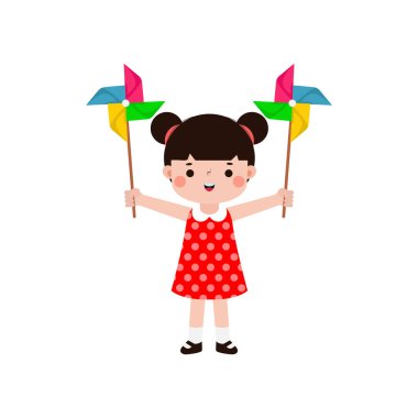 Beyaz arkaplan vektör illüstrasyonunda izole edilmiş renkli bir yel değirmeni oyuncağıyla oynayan sevimli küçük çocuk.