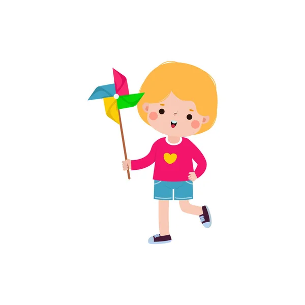 Милый Маленький Ребенок Играет Красочной Ветряной Мельницы Плоский Стиль Изолированы — стоковый вектор