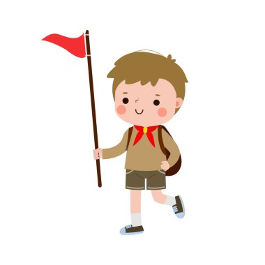 Happy cute little kid wear scout honor uniform, children girl scout cartoon flat character isolated vector illustration on white background