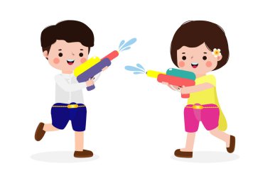 Songkran festivali su tabancası tutan gençler Tayland geleneksel Yeni Yıl Vektör İlüstrasyonu Tayland seyahat afişi izole edilmiş arka plan şablonunun keyfini çıkarıyorlar