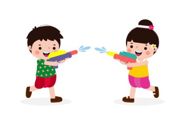 Mutlu Songkran festivali çocukları su tabancası ve su kabıyla Songkran Tayland Geleneksel Yeni Yıl Vektör İlülasyonu 'nun beyaz arka planda izole edilmiş sularının keyfini çıkarın.