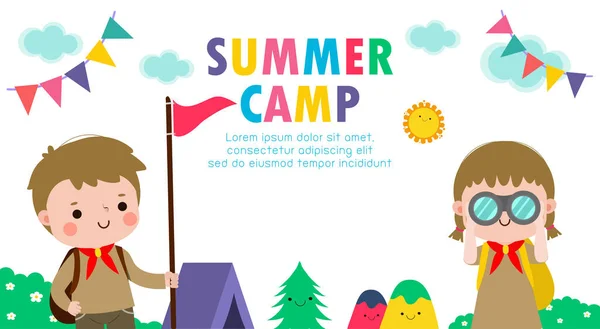 子供サマーキャンプの背景教育 バナー子供の漫画の広告パンフレットのテンプレートキャンプポスターチラシに活動を行うあなたのテキスト ベクターイラスト — ストックベクタ