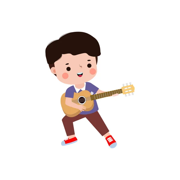 可爱的孩子弹吉他 快乐的孩子弹吉他 音乐表演 白色背景上的孤立向量说明 卡通平面风格 — 图库矢量图片