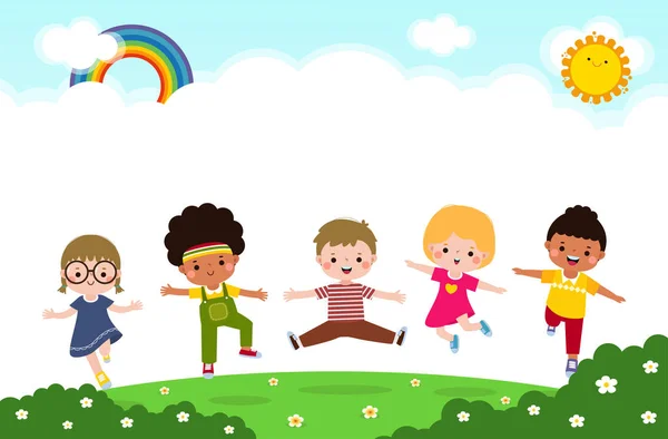 公園で一緒にジャンプして踊る幸せな子供たち 遊び場で遊んでいる多文化の小さな子供広告パンフレットのためのテンプレート あなたのテキスト フラット面白い漫画孤立ベクトルイラスト — ストックベクタ