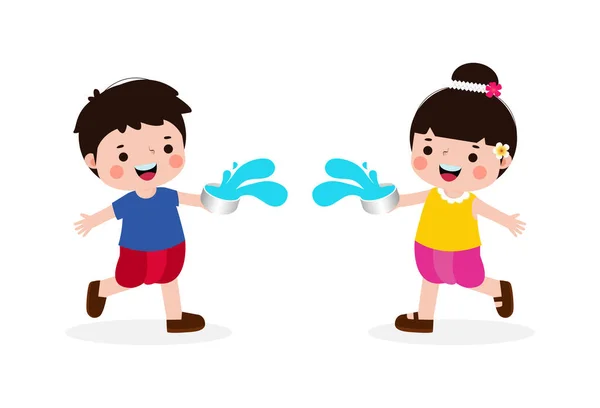 Šťastný Songkran Festival Děti Drží Vodní Pistole Vodní Mísy Těšit — Stockový vektor