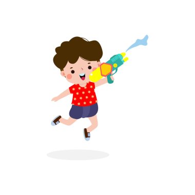 Mutlu Songkran festivali çocukları su tabancası tutuyor ve zıplıyor Songkran Tayland Geleneksel Yeni Yıl Vektör Resimleri beyaz arka planda izole edilmiş su sıçratma keyfini çıkarıyorlar 