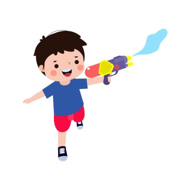 Mutlu Songkran festivali çocukları su tabancası tutuyor ve zıplıyor Songkran Tayland Geleneksel Yeni Yıl Vektör Resimleri beyaz arka planda izole edilmiş su sıçratma keyfini çıkarıyorlar 