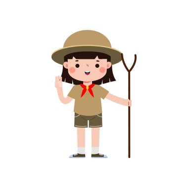 Yürüyüş Sopası ile şirin küçük izci çocuk, Mutlu izci kız üniforması yaz kampı çizgi filmi düz karakter beyaz arka planda izole edilmiş vektör çizimi.