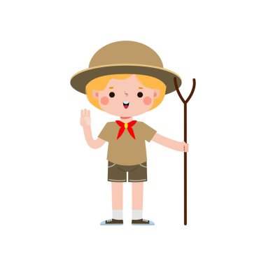 Yürüyüş Sopası ile şirin küçük izci çocuk, Mutlu izci kız üniforması yaz kampı çizgi filmi düz karakter beyaz arka planda izole edilmiş vektör çizimi.