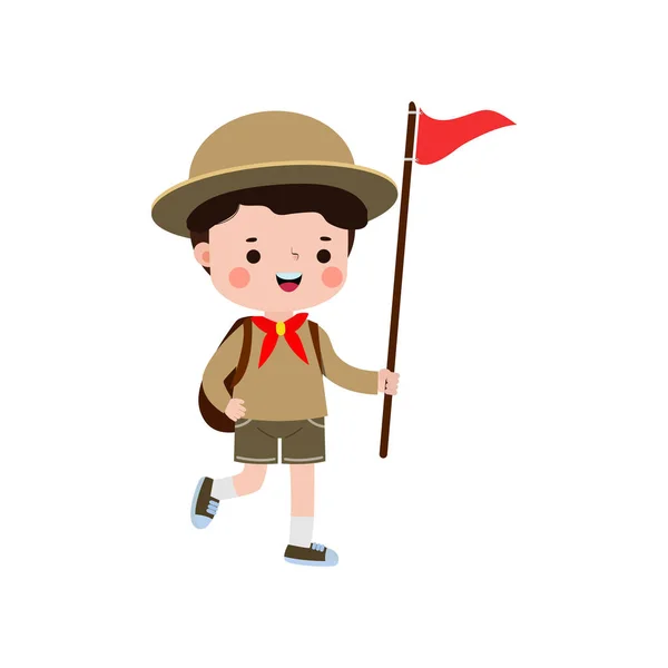 Carino Piccolo Carino Boy Scout Con Zaino Bandiera Happy Kid — Vettoriale Stock