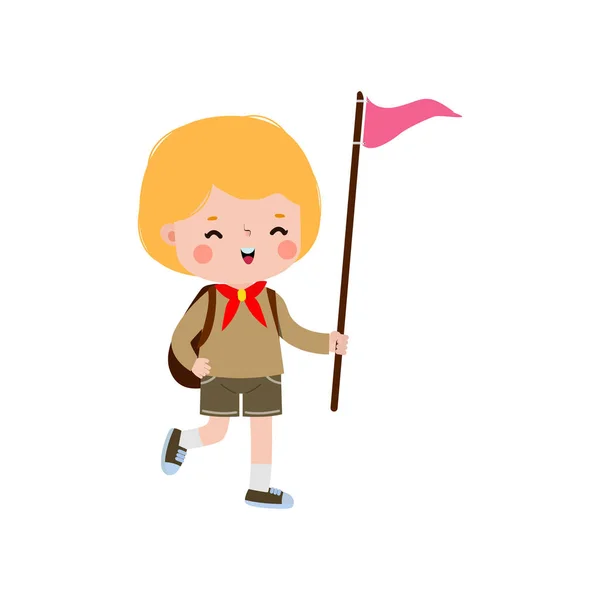 Cute Little Cute Boy Scout Backpack Flag Happy Kid Girl — Stock Vector
