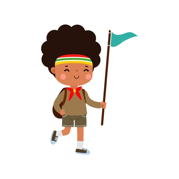 Mignon Petit Scout Garçon Afro Américain Mignon Avec Sac Dos — Image vectorielle