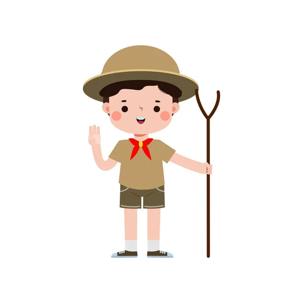 Cute Little Cute Boy Scout Hiking Stick Happy Kid Girl — Stock Vector