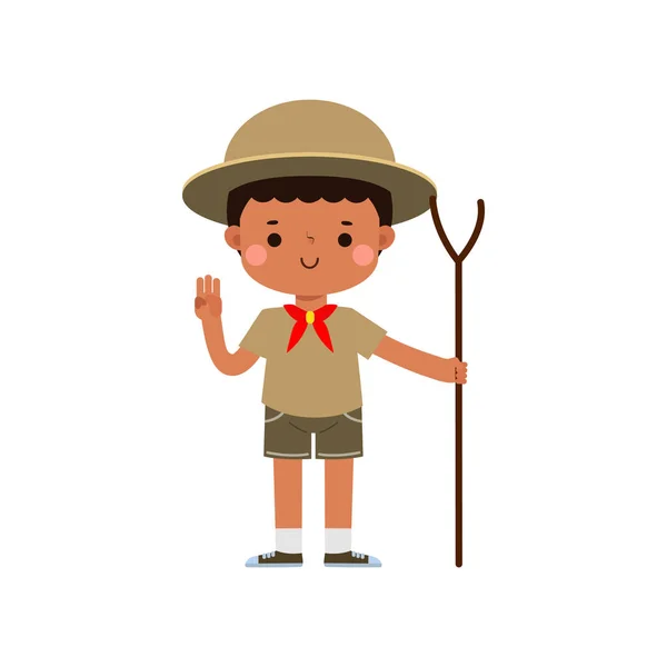 Cute Little Cute African American Boy Scout Hiking Stick Happy — Stock Vector
