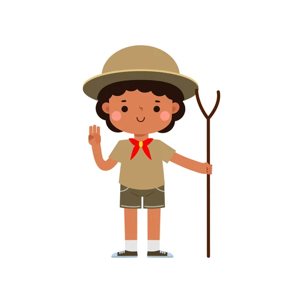 Lindo Poco Lindo Africano Americano Boy Scout Con Hiking Stick — Archivo Imágenes Vectoriales
