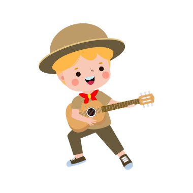 Gitar çalan küçük sevimli izci çocuk, izci kız izci üniforması yaz kampı çizgi filmi düz karakter beyaz arka planda izole edilmiş vektör çizimi.