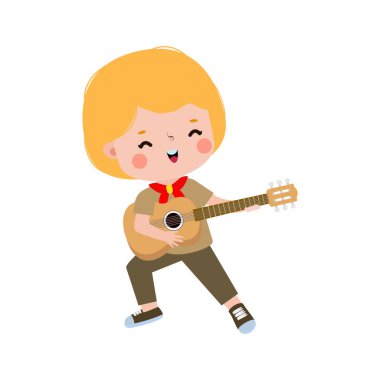 Gitar çalan küçük sevimli izci çocuk, izci kız izci üniforması yaz kampı çizgi filmi düz karakter beyaz arka planda izole edilmiş vektör çizimi.