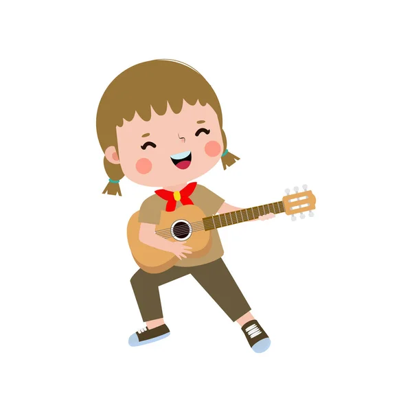 Bonito Pequeno Menino Olheiro Tocando Guitarra Happy Kid Girl Scout —  Vetores de Stock
