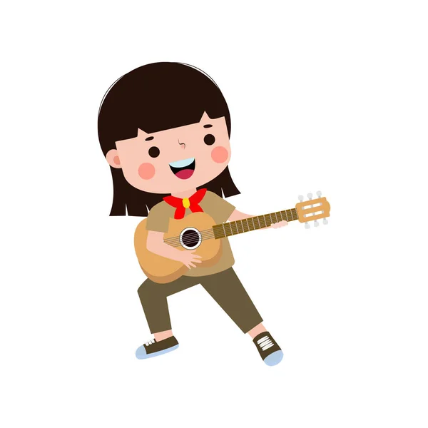 Cute Little Boy Scout Gra Gitarze Happy Kid Girl Scout — Wektor stockowy