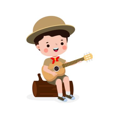 Gitar çalan küçük sevimli izci çocuk, izci kız izci üniforması yaz kampı çizgi filmi düz karakter beyaz arka planda izole edilmiş vektör çizimi.