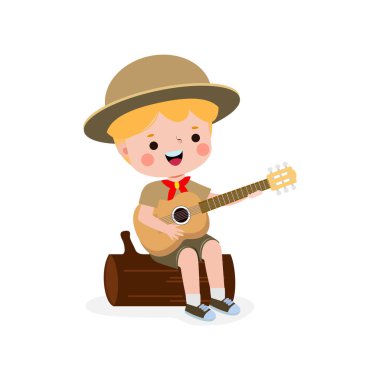 Gitar çalan küçük sevimli izci çocuk, izci kız izci üniforması yaz kampı çizgi filmi düz karakter beyaz arka planda izole edilmiş vektör çizimi.