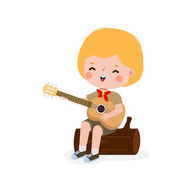 Gitar çalan küçük sevimli izci çocuk, izci kız izci üniforması yaz kampı çizgi filmi düz karakter beyaz arka planda izole edilmiş vektör çizimi.