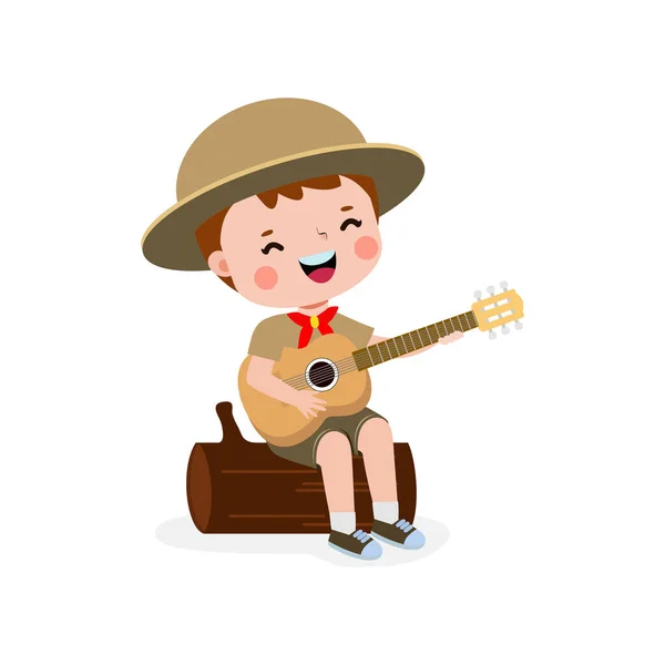 Gitar Çalan Küçük Sevimli Izci Çocuk Izci Kız Izci Üniforması — Stok Vektör