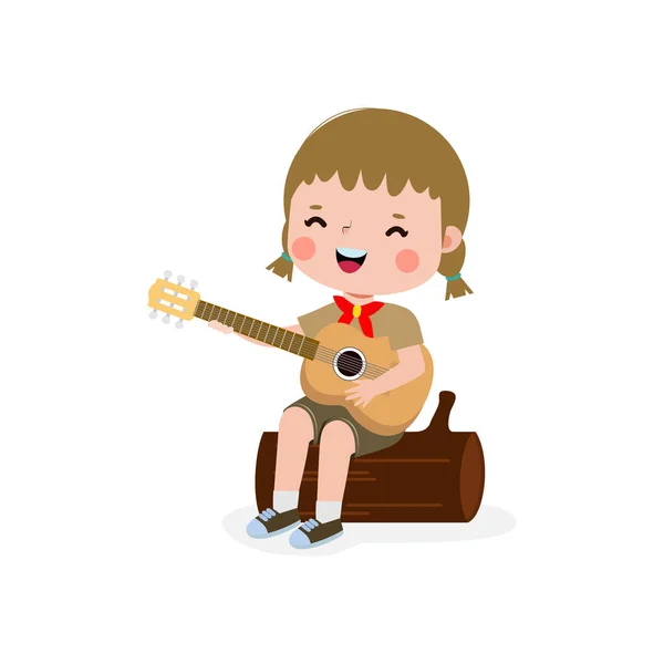 Gitar Çalan Küçük Sevimli Izci Çocuk Izci Kız Izci Üniforması — Stok Vektör