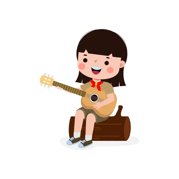 Bonito Pequeno Menino Olheiro Tocando Guitarra Happy Kid Girl Scout — Vetor de Stock