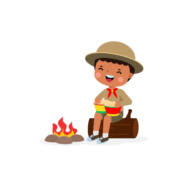 Cute Little African Kid Playing Bongo Drums Boy Scout Girl — Stock Vector