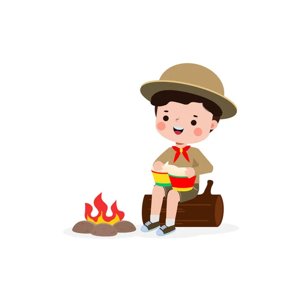 Lindo Niño Tocando Tambores Bongo Boy Scout Girl Scout Sentado — Archivo Imágenes Vectoriales