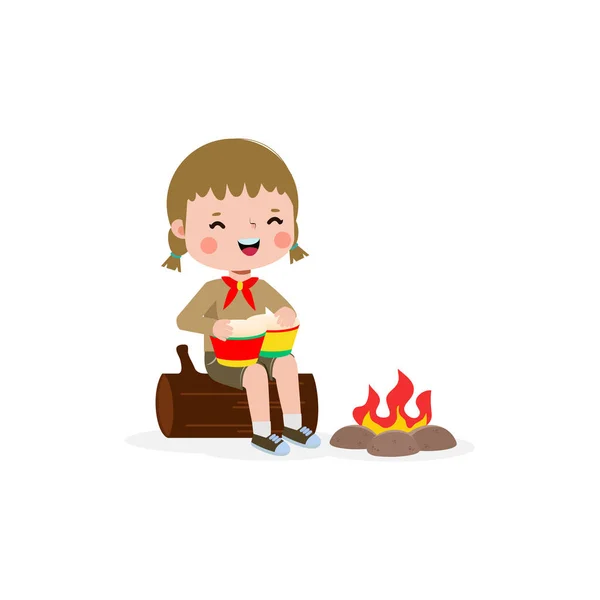 可爱的小男孩在篝火边的圆木上打鼓 男孩是童子军 女孩是侦察员 快乐的孩子在夏令营里用白色的背景把卡通人物孤立起来 — 图库矢量图片