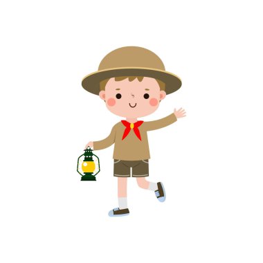 Lamba tutan sevimli küçük çocuk, izci kız ya da erkek izci üniforması, yaz kampı çocukları, beyaz arka planda izole edilmiş düz karakterli çizgi film karakteri çizimleri.