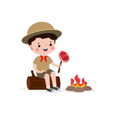 Kütüğün üzerinde oturan sevimli küçük çocuk ve kamp ateşinde biftek, izci kız ya da erkek izci üniforması, yaz kampı, çocuk karikatürü düz çizgi film karakteri izole edilmiş vektör çizimi. 