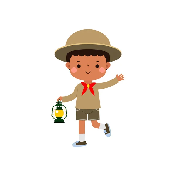 Cute Little African American Kid Holding Lamp Boy Scout Girl — Stock Vector
